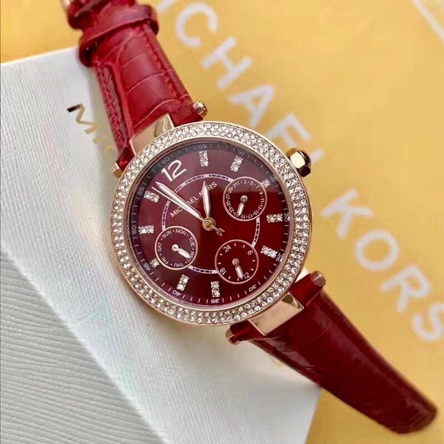 ♥️Đồng Hồ Nữ MICHAEL KORS MK6451 Parker Crystallized Burgundy Dial Multifunction Burgundy Leather Band Watch 33mm