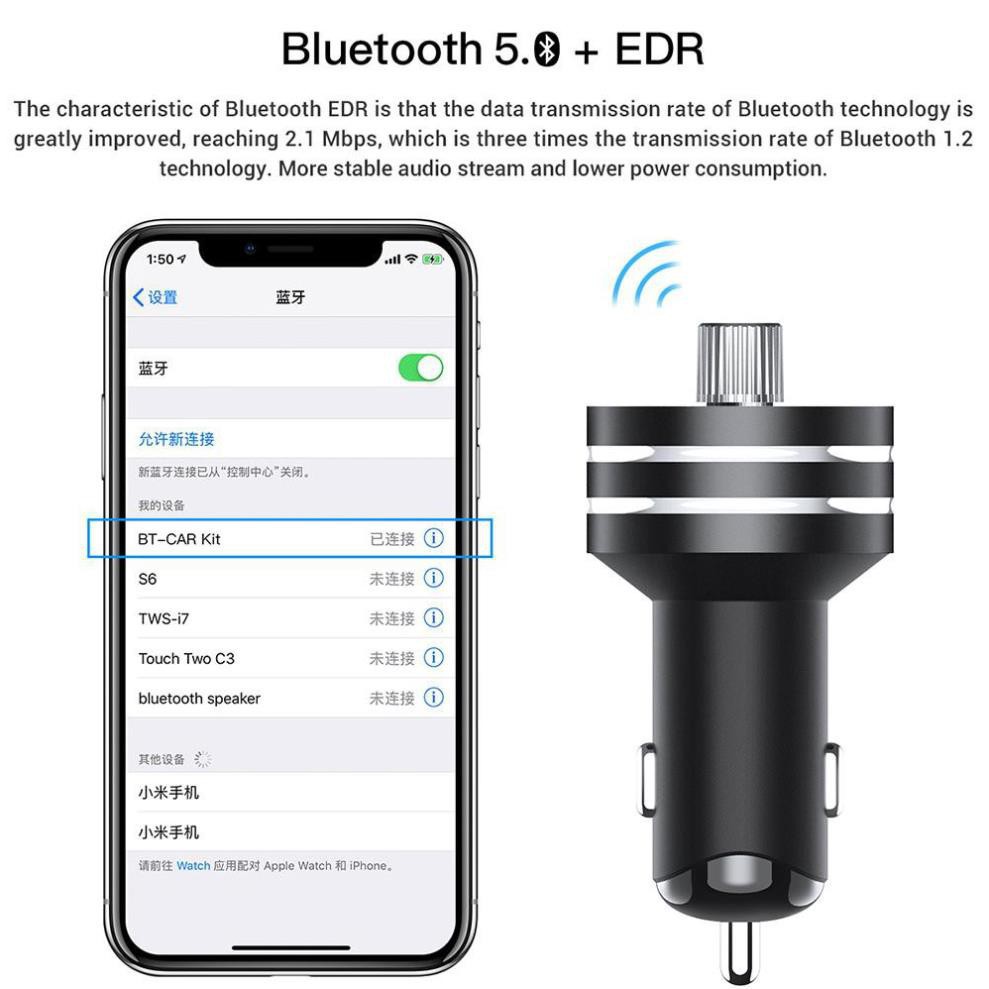 Tẩu sạc nhanh TOPK G201Q hai cổng USB, kết nối bluetooth 5.0 đài FM MP3 thẻ TF dành cho điện thoại di động