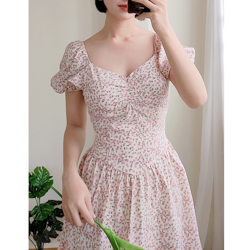 Đầm xoè hoa nhí dễ thương tay phồng hot trend RD009