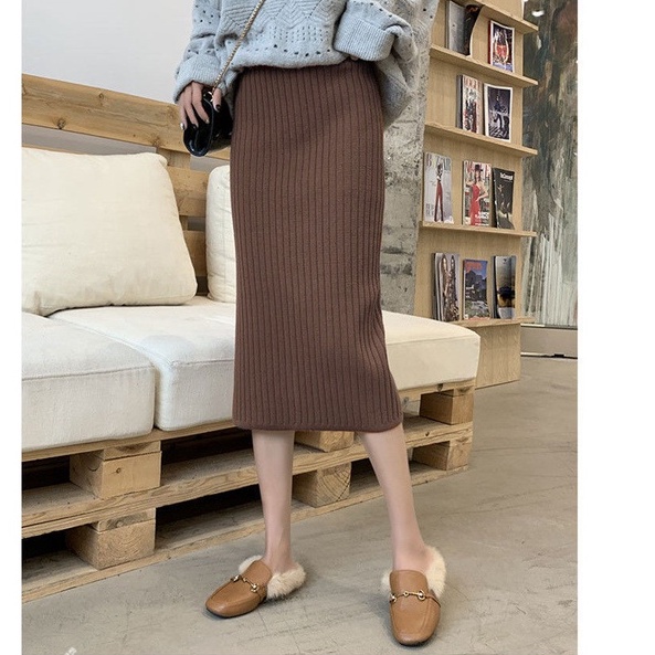 Chân váy len gân dáng dài xẻ vạt/ xẻ tà kiểu bút chì ôm dáng co giãn, chân váy len tăm dày dặn dài qua gối dáng body