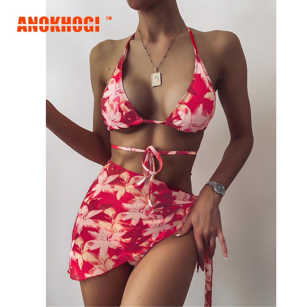 Red Floral Print Bandage Bikini High Waist Ladies Sexy Beachsuit PX15