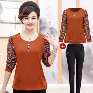 2021  Các bà mẹ phụ nữ trung niên và cao tuổi mặc áo sơ mi hở đáy mùa xuân thu, 40-50 trở lên bộ đồ hai mảnh d
