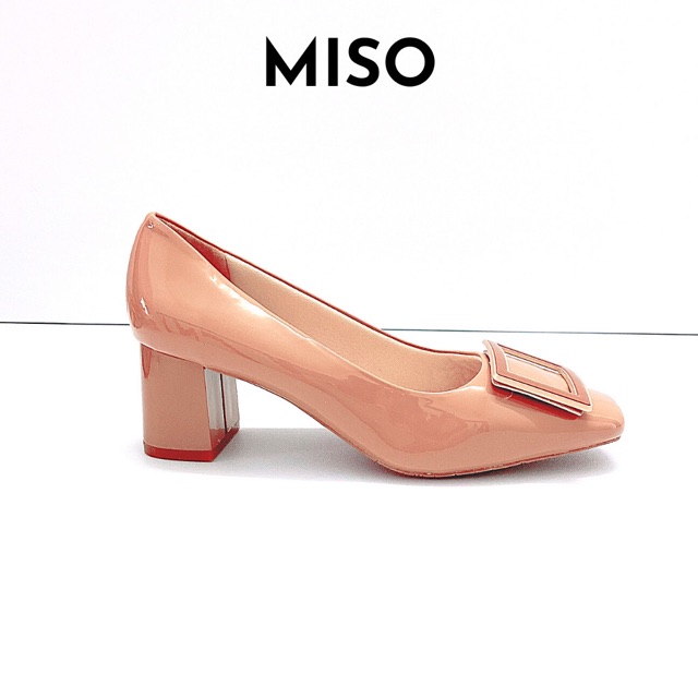 Giày cao gót công sở nữ basic da bóng mũi vuông trendy gót trụ phối khoá 7cm MISO M014