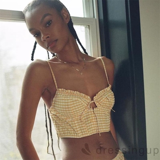 Áo kiểu hai dây croptop cổ chữ V họa tiết kẻ sọc ca rô thời trang dành cho nữ