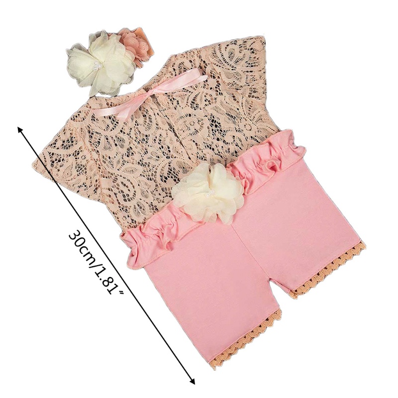 Bộ 2 Món Áo Liền Quần Phối Ren + Băng Đô Xinh Xắn Cho Bé Sơ Sinh 0-1 Tháng Tuổi