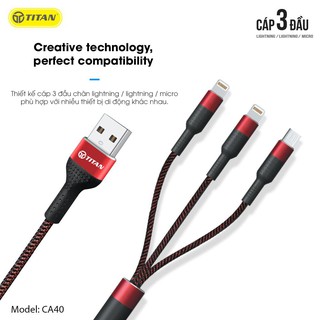 Cáp sạc 3 đầu đa năng Lightning + Lightning + TypecC TITAN-CA40 dài 1m Hỗ trợ sạc nhiều thiết bị