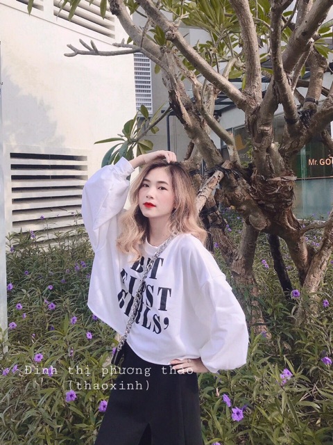 Áo from rộng tay dài chữ in_áo nữ cotton