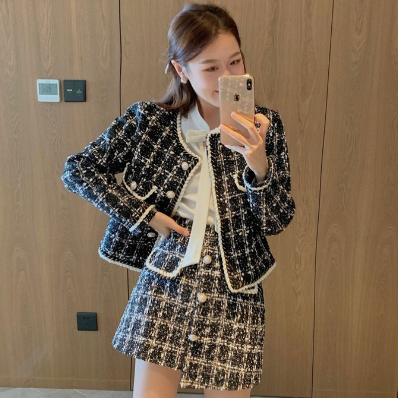 Set Bộ Áo Khoác Cùng Chân Váy Chất Liệu Dạ Tweed Có 2 Màu