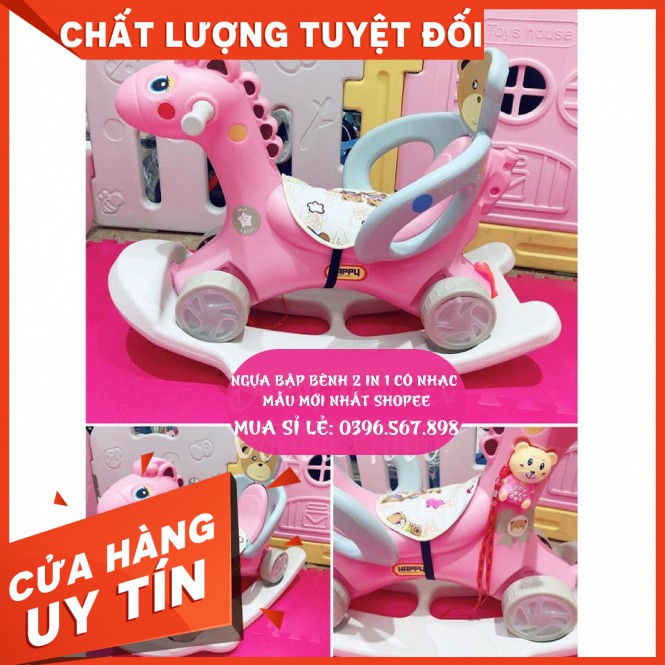 Ngựa bập bênh khiêm chòi chân 2 in 1 có nhạc, bánh xe phát sáng, có tựa để tay cho bé – Mẫu mới Shopee