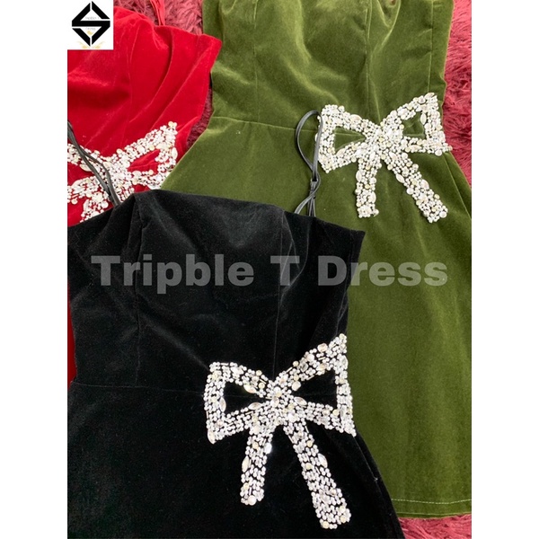 Đầm body nhung 2 dây nơ eo cườm TRIPBLE T DRESS - size S/M/L - MS215Y