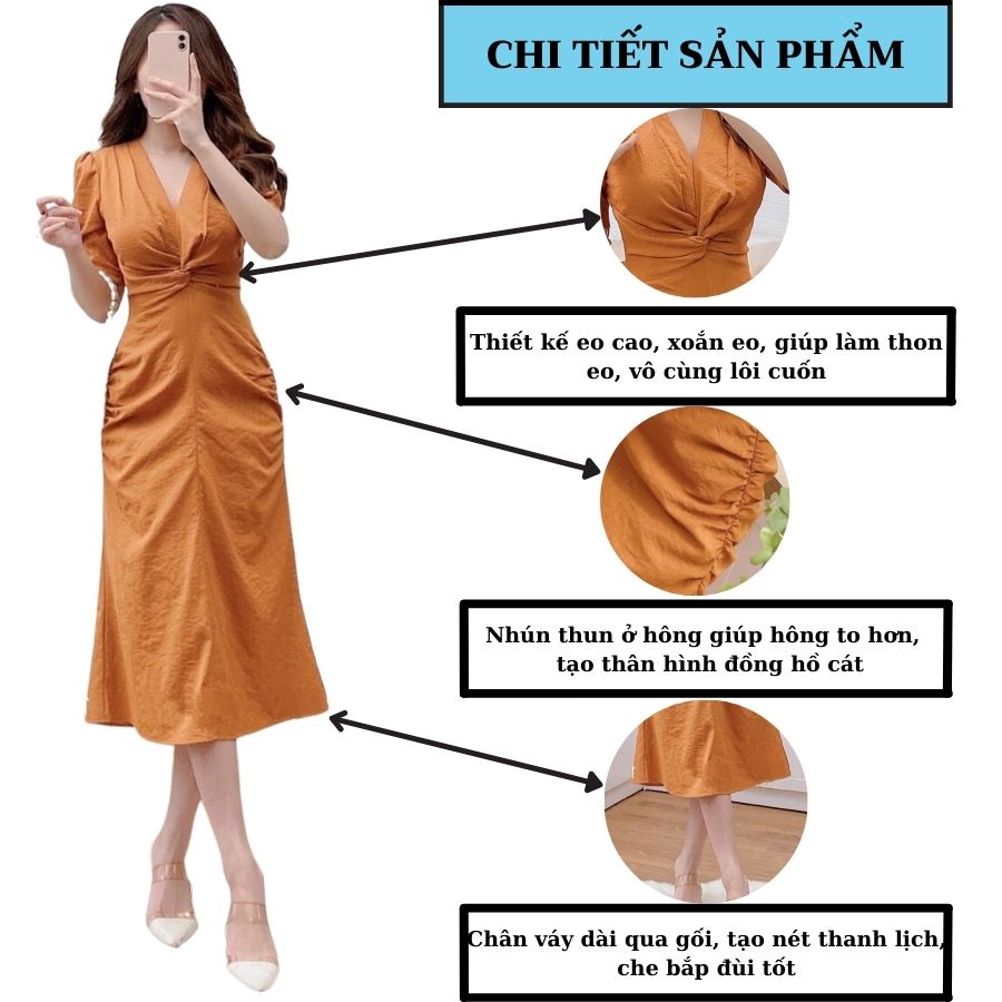 Váy màu cam đất, đầm trắng dự tiệc N139 thiết kế xoắn eo cao cấp giúp tôn dáng sáng da váy xòe nhẹ NER.VN