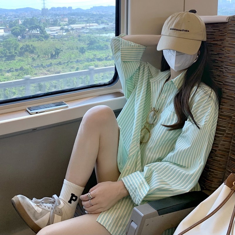 Áo sơ mi ZHELIHANGFEI tay dài chống nắng dáng rộng họa tiết kẻ sọc phong cách thời trang