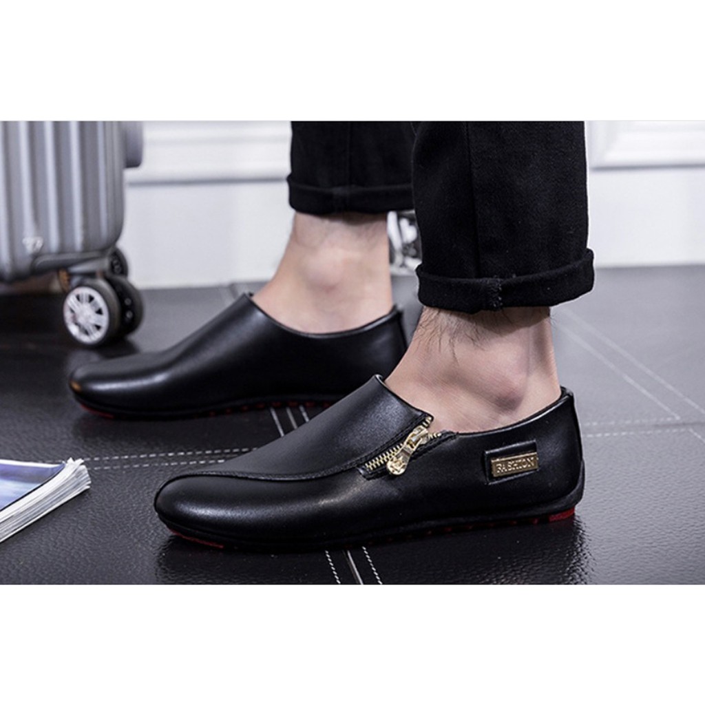 Giày nam slip on gân xéo dây kéo vàng SM066