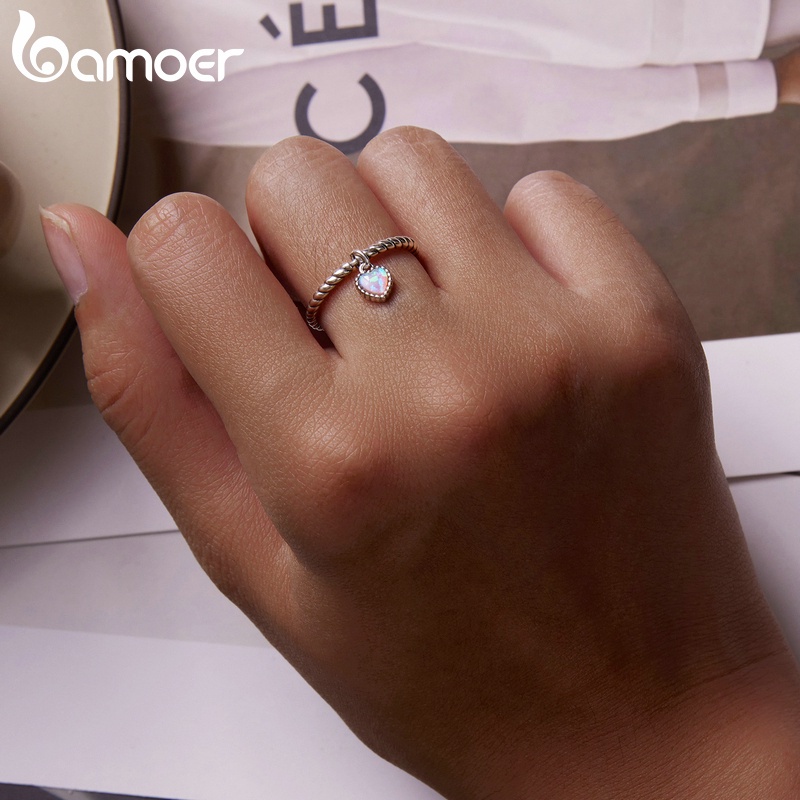 BAMOER Nhẫn bạc 925 MặT HìNh TráI Tim ThờI Trang Cho Nữ