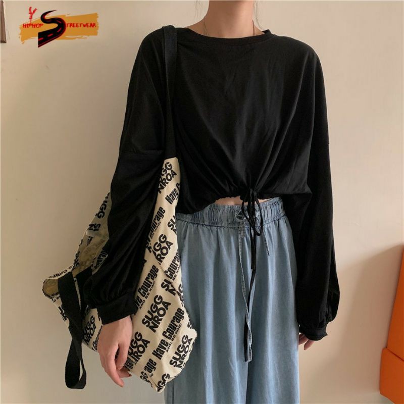 Áo Thun Croptop Nữ Dài Tay Ống Rộng Có Dây Rút Dáng Cánh Dơi Tôn Dáng Khoe Body