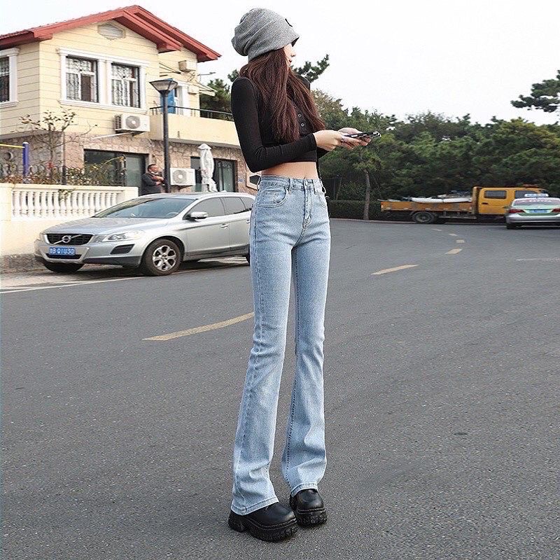 Quần jean ống loe cạp cao co giãn tôn giáng