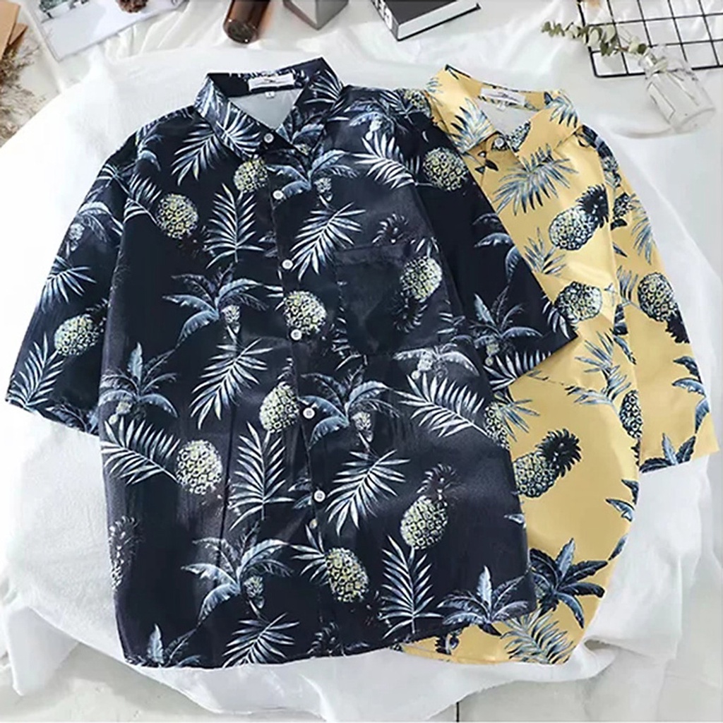 (TỔNG KHO LÂM ANH CHUYÊN SỈ) Áo sơ mi nam họa tiết quả dứa trẻ trung, thích hợp du lịch dã ngoại