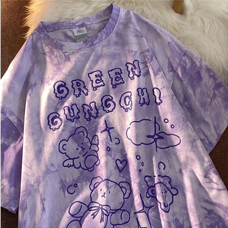 Áo Thun Tay Ngắn Dáng Rộng Màu Nhuộm Ngọt Ngào Thời Trang Mùa Hè Cho Nữ