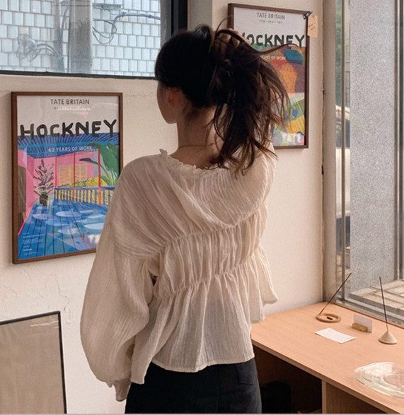 SUXI Áo kiểu màu trắng tay dài cổ chữ V thời trang Hàn Quốc thanh lịch