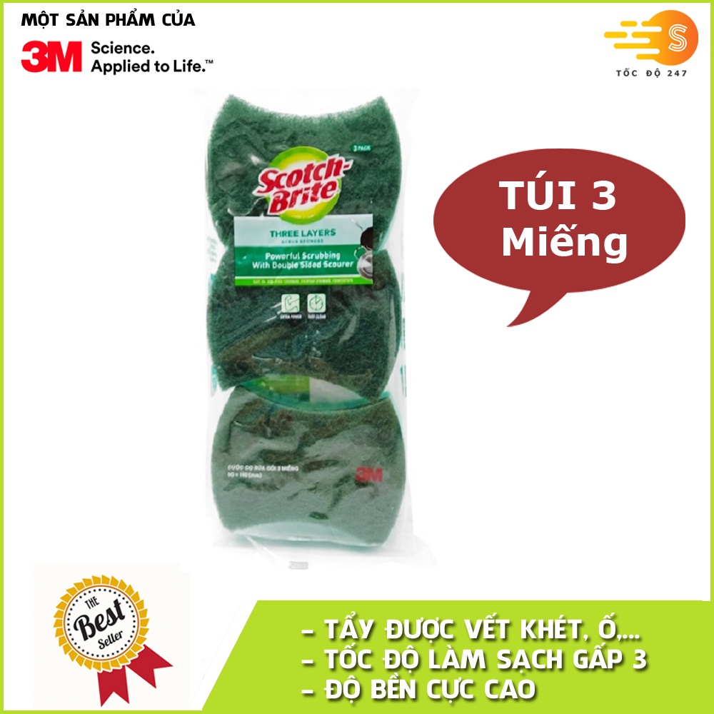 Gói 3 miếng rửa chén 2 mặt không trầy xước Scotch-Brite 3M CR-2MG3 - đa năng, 3 tác động làm sạch, độ bền cao, công nghệ