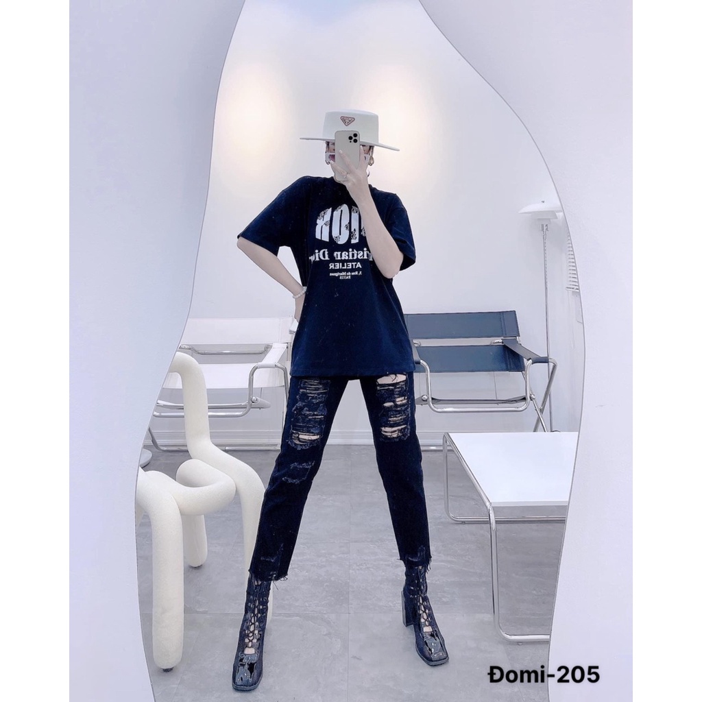 Quần baggy jean nữ, quần jean đen rách gối tua rua siêu chất Lê Huy Fashion MS 204