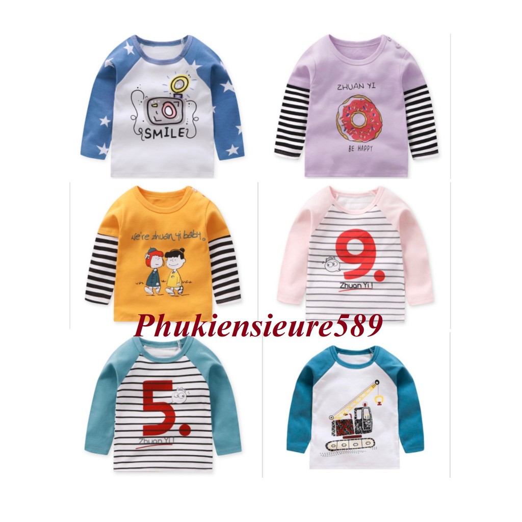 Áo cotton dài tay phối họa tiết đáng yêu hàng Quảng Châu cho bé trai, gái
