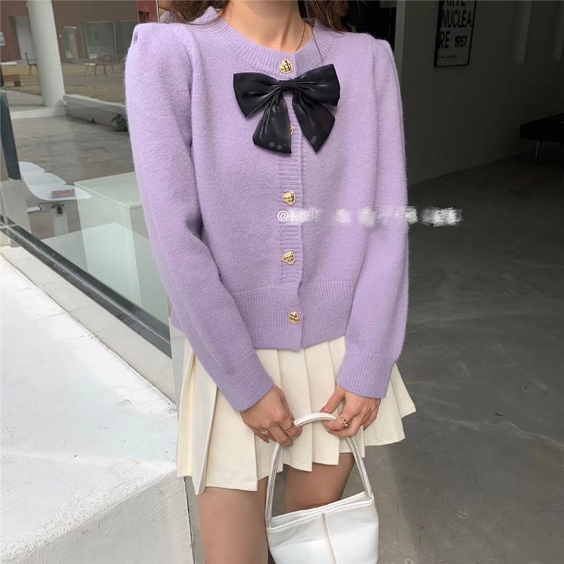 Áo Dệt Kim Thắt Nơ Màu Xanh Dương Tinh Tế Phong Cách Retro Nhẹ Nhàng Mới