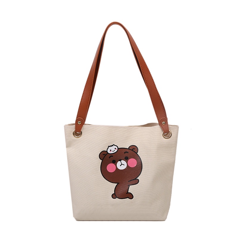 Túi đeo vai vải canvas sức chứa lớn họa tiết hoạt hình thời trang Hàn Quốc 2021