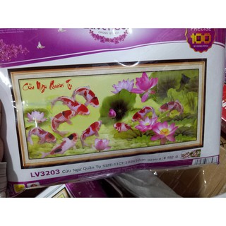 tranh thêu chữ thập cá chép hoa sen kt 108x52cm