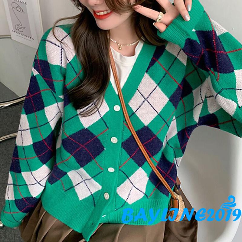 Áo khoác len nữ dài tay cổ chữ v màu sắc tương phản