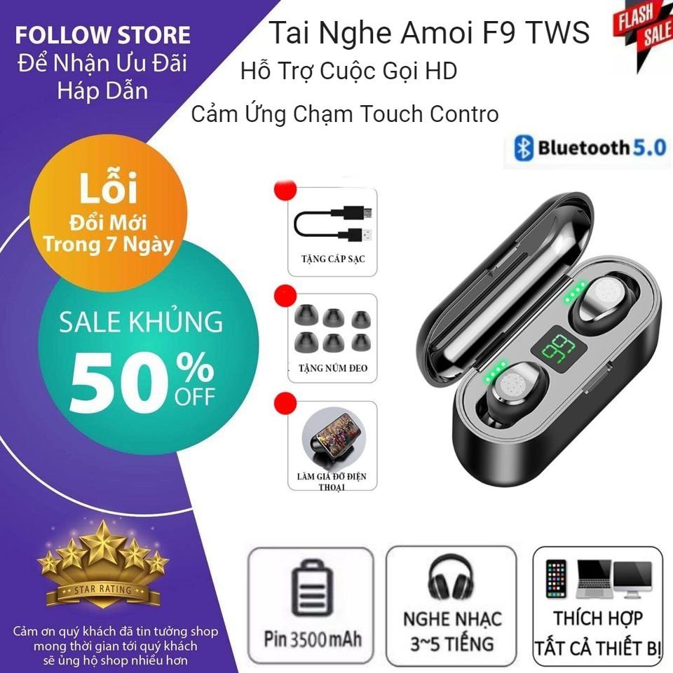Tai nghe Bluetooth AMOI F9 TWS 5.0 bản QUỐC TẾ không dây cảm ứng chống nước IPX5, chống ồn tách tạp âm kiêm sạc dự phòng | BigBuy360 - bigbuy360.vn