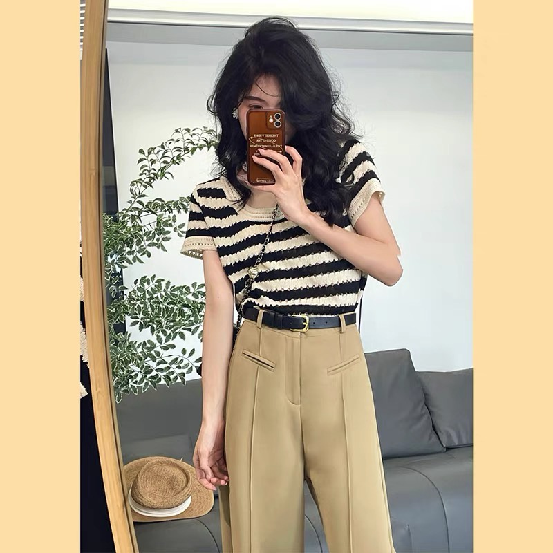 SUXI Áo Thun Dệt Kim Mỏng Dáng Rộng Tay Ngắn Kẻ Sọc Kiểu Vintage Thời Trang Mùa Hè Cho Nữ