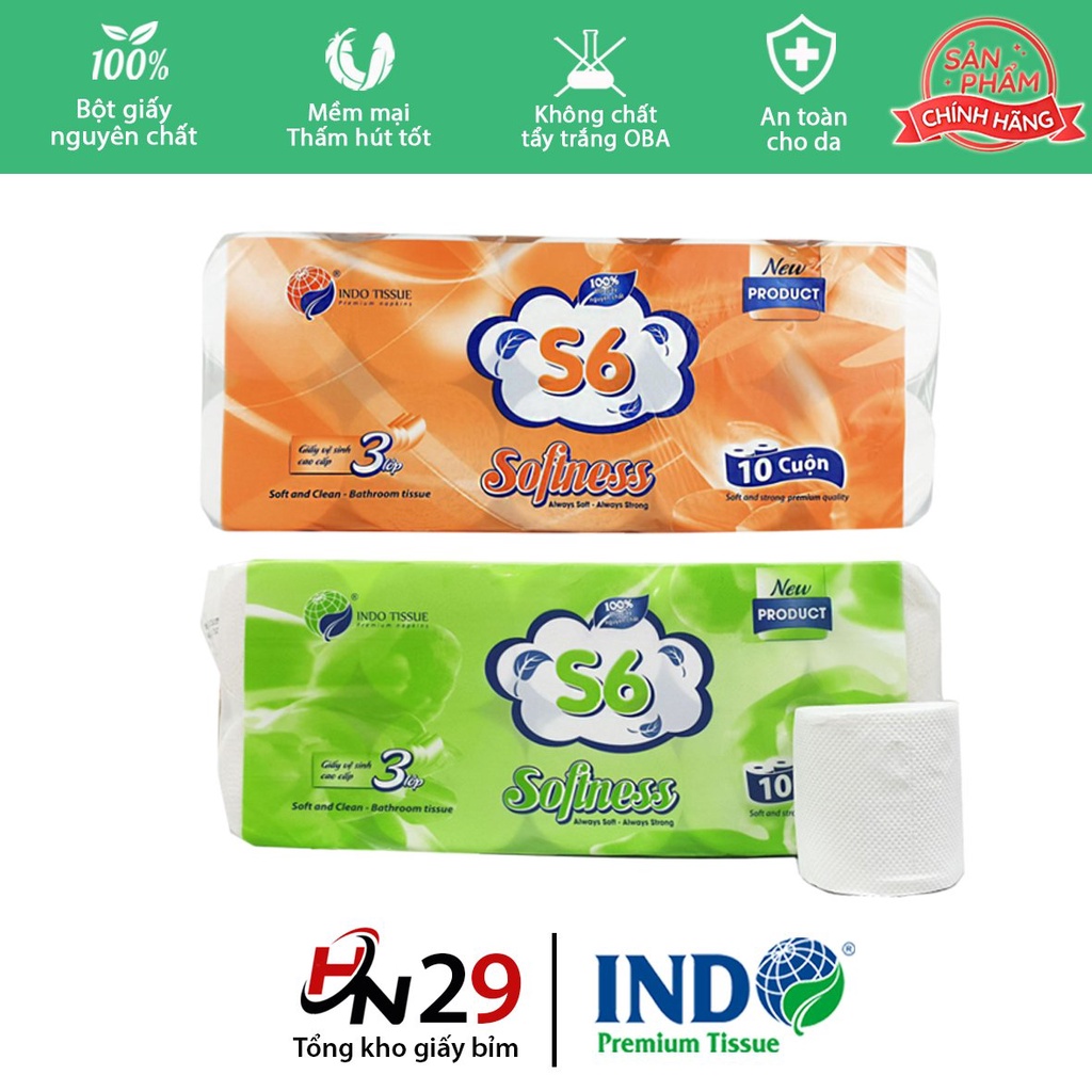 Giấy vệ sinh S6 INDO 10 cuộn x 3 lớp - Giấy cuộn có lõi và không lõi chính hãng dập nhám mềm giá rẻ chất lượng tốt