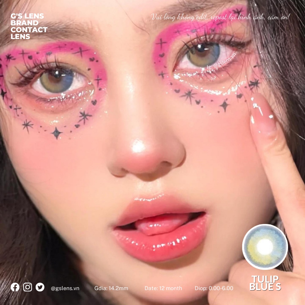 Lens Mắt Kính Áp Tròng Nâu Xanh Tây Sáng TULIP BROWN Giãn Ít Có Từ 0 Đến 6 Độ Lệch Độ Size S 14.2mm