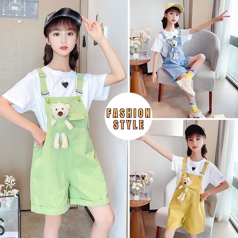 Set Áo Thun Ngắn Tay + Quần Yếm Jeans Thời Trang Cho Bé Gái