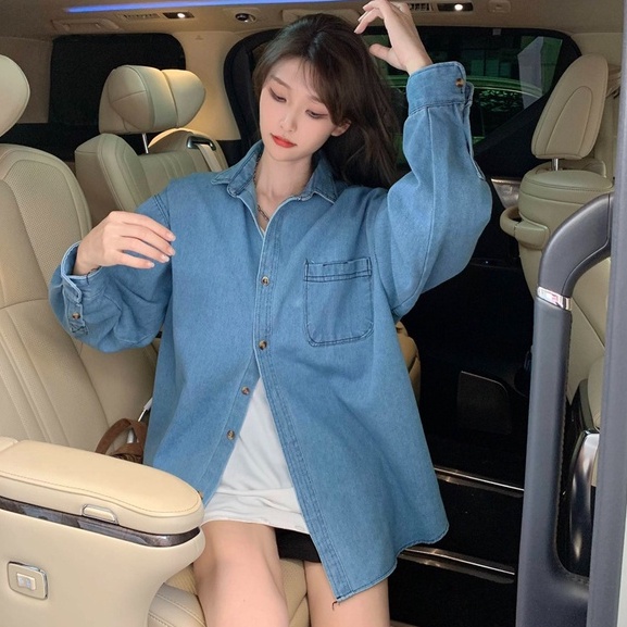 ZHELIHANGFEI Áo Sơ Mi Denim Tay Dài Form Rộng Theo Phong Cách Preppy Dễ Phối Đồ