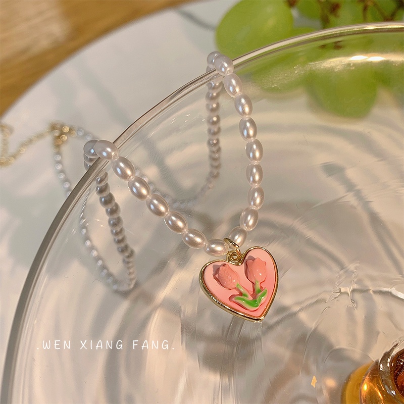 Vòng cổ choker 17KM phối ngọc trai nhân tạo mặt hình hoa tulip trái tim thanh lịch