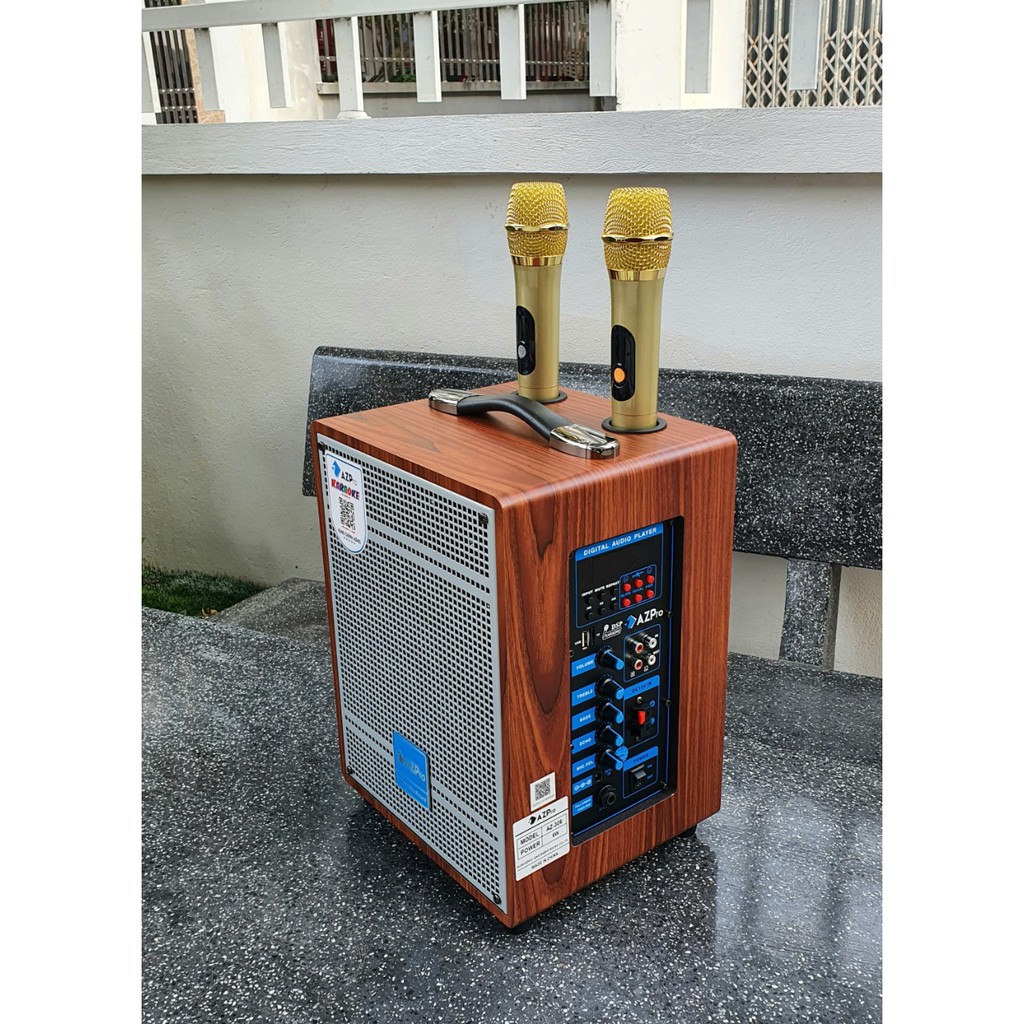 Loa kẹo kéo mini AZPRO bass 15 Loa di dộng hát karaoke vỏ gỗ kèm 2 mic không dây