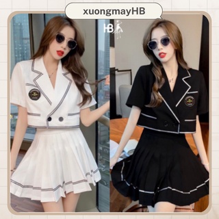 Set áo vest mix chân váy xếp ly HB thiết kế logo viền đủ size S061