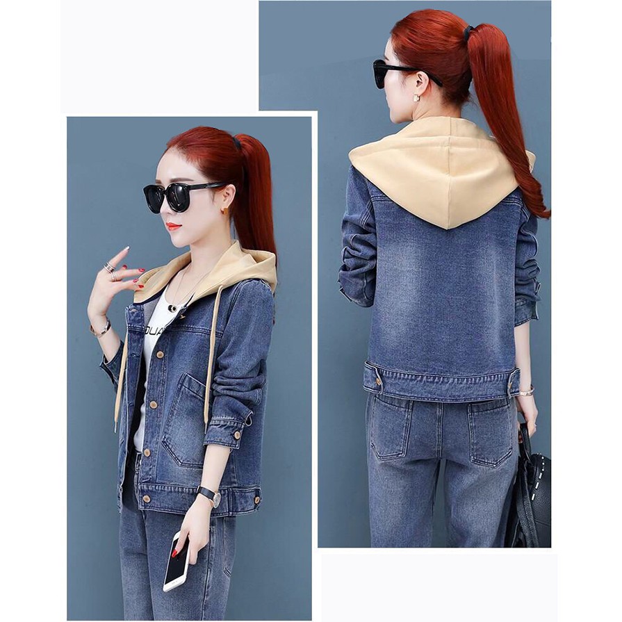 Áo Khoác Jean Nữ Dài Tay Kèm Nón Thời Trang