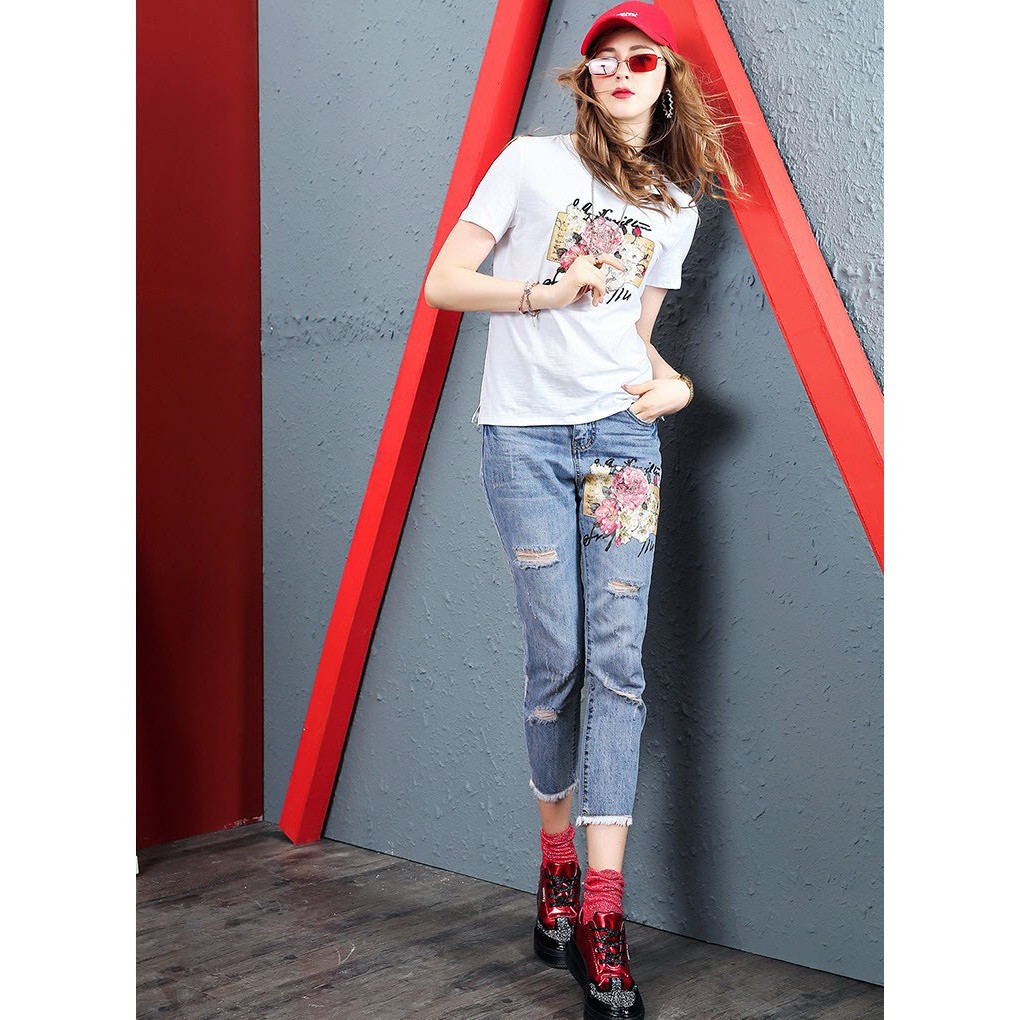 N61896 Set áo thun và quần jean nữ cao cấp hàng nhập