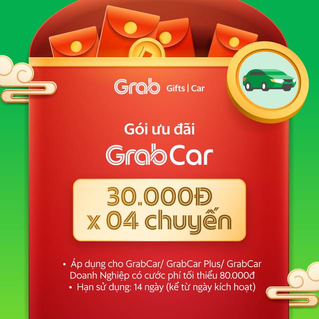 [E-Voucher] Gói ưu đãi 30k x 4 cho chuyến xe GrabCar từ 80k