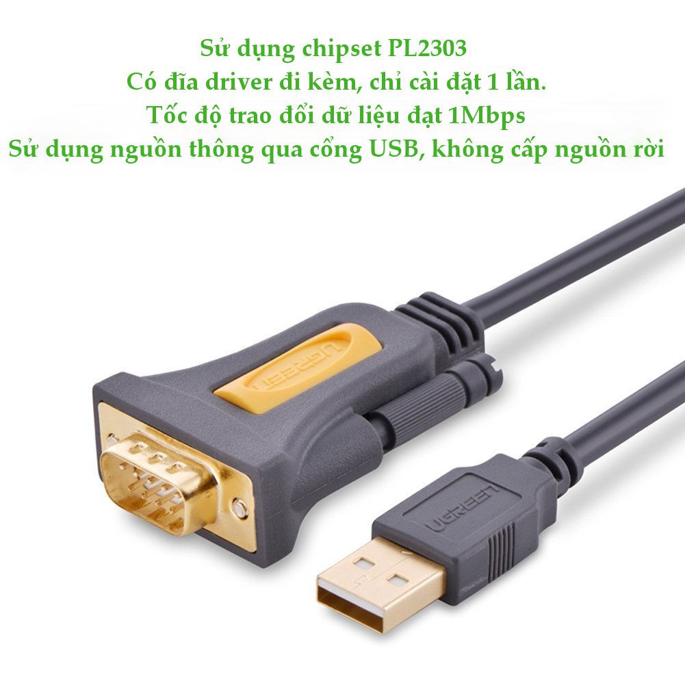 Cáp USB to Com RS232 DB9 chính hãng Ugreen 20210 dài 1m