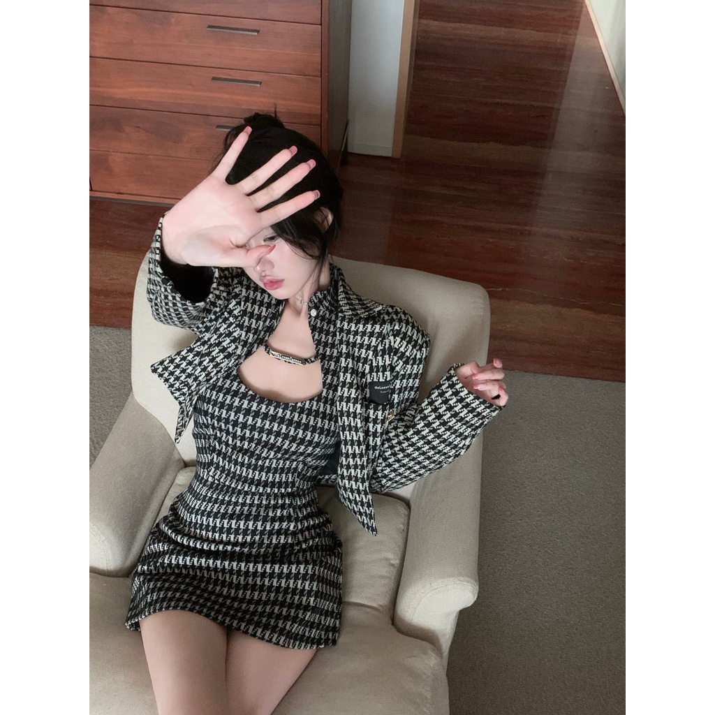 Đầm ôm / Áo khoác họa tiết ca rô thanh lịch thời trang dành cho nữ