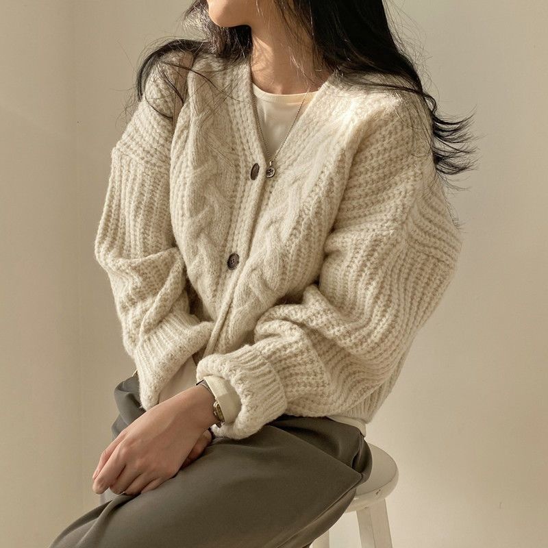 Áo Khoác Cardigan Dệt Kim Dày Dặn Cổ Chữ V Dáng Rộng Thời Trang Thu Đông Cho Nữ
