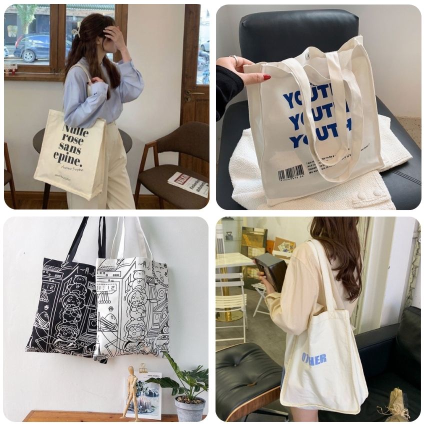 Túi tote vải bố đựng đồ canvas đi học đi làm đi chơi tiện dụng in hình hoa văn trắng hoa văn đen