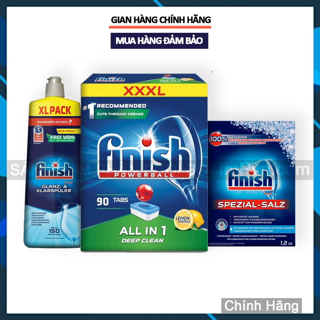 Combo viên rửa bát Finish Hộp All in one (100 viên hoặc 90 viên), Muối 1.2kg, Nước làm bóng 750ml