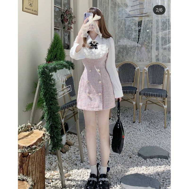 Váy dạ tweed hồng áo sơ mi  tag nơ kẻ hồng kèm ảnh thật MS101