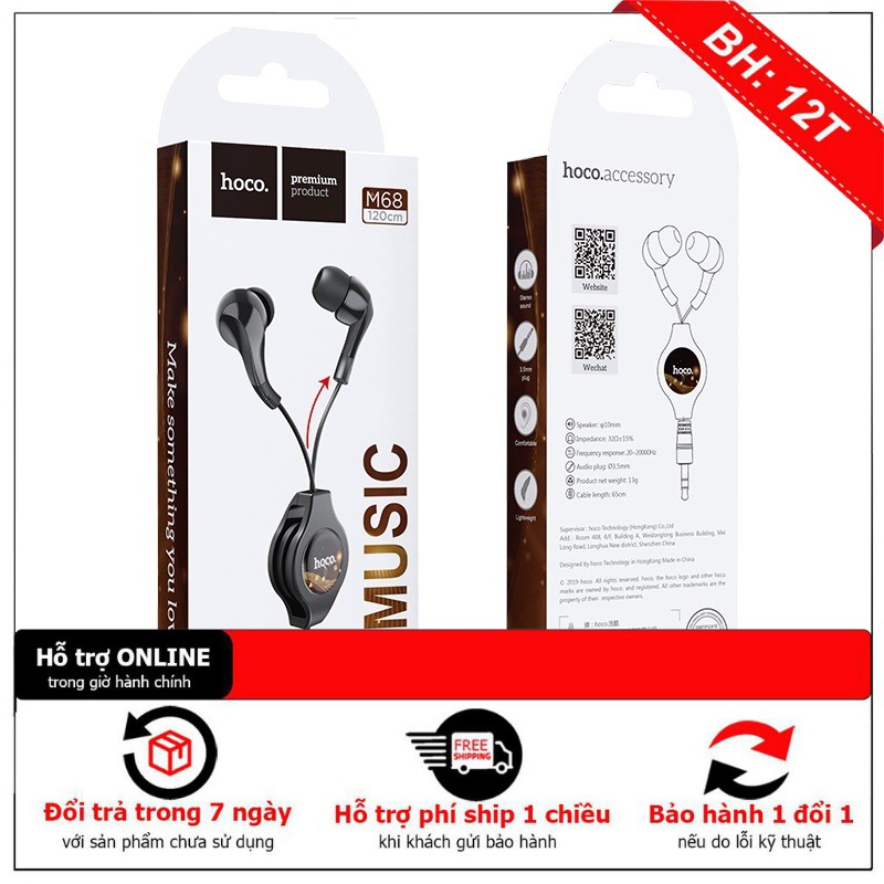 Tai nghe nhét tai dây rút tiện lợi, siêu bass cực mạnh, chuyên nghe nhạc, chơi game Hoco M68  - HÀNG chính Hãng BH6T
