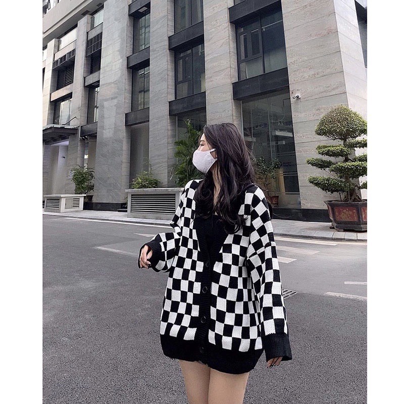 Áo cardigan nữ hàn quốc phối họa tiết bàn cờ đen trắng form rộng tay dài một hàng cúc 1st_clothes | BigBuy360 - bigbuy360.vn